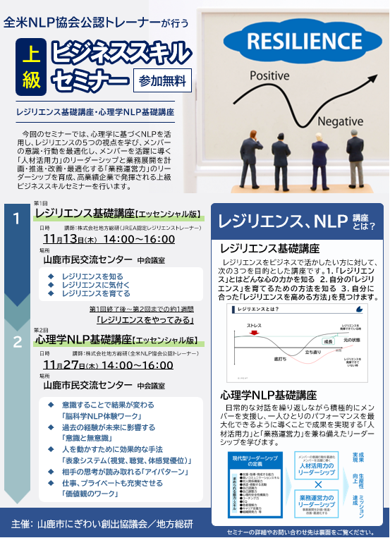 レジリエンス&NLPセミナーの告知チラシ:ビジネスにおけるレジリエンスとNLPの活用、成功事例紹介、2025年11月13日(木)/11月27日(木)開催